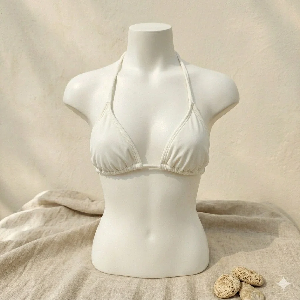 Koraru Womens Bikini Top Small White Triangle‎ Tie Gold Hardware Sustainable